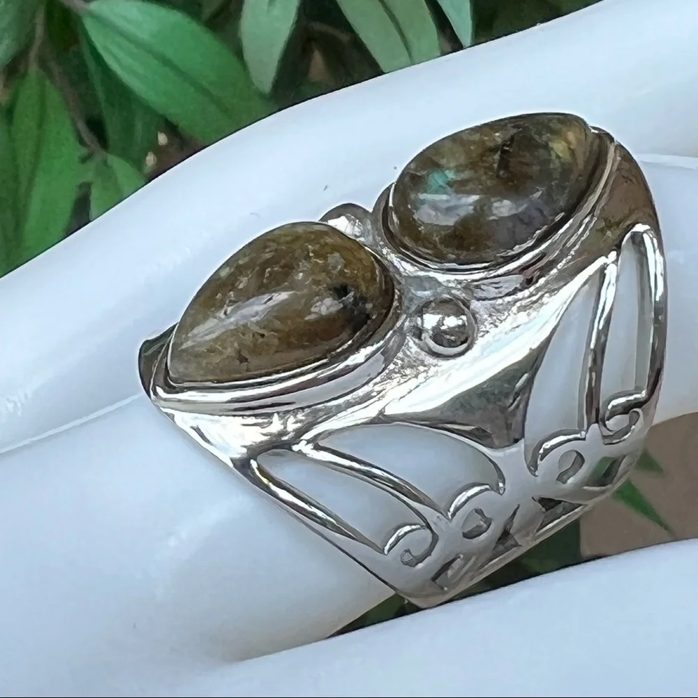 Malagasy Labradorite Large Open Framework Statement Ring Sz 8